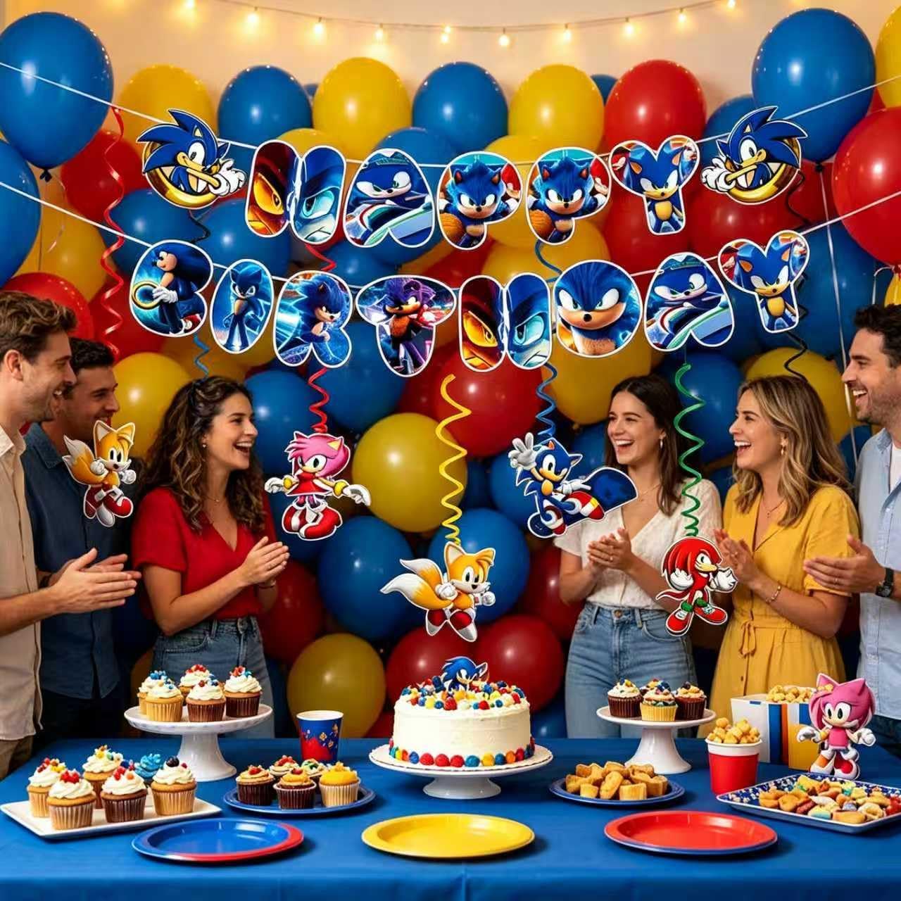 Sonic Happy Birthday Banner, Party Decoration With 6 Vortex Decorative Pendants