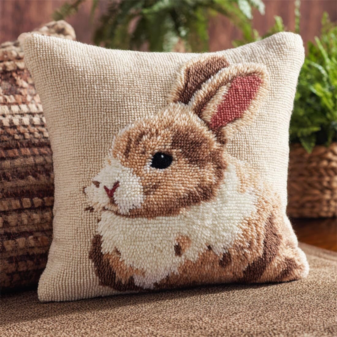 Kitquiver Animal Latch Hook Cushion Set Rabbit Portrait Cushion Pillow Front Chunky Cross Stitch Kits DIY Embroidery Needlepoint Kit for Home Décor 17x17In