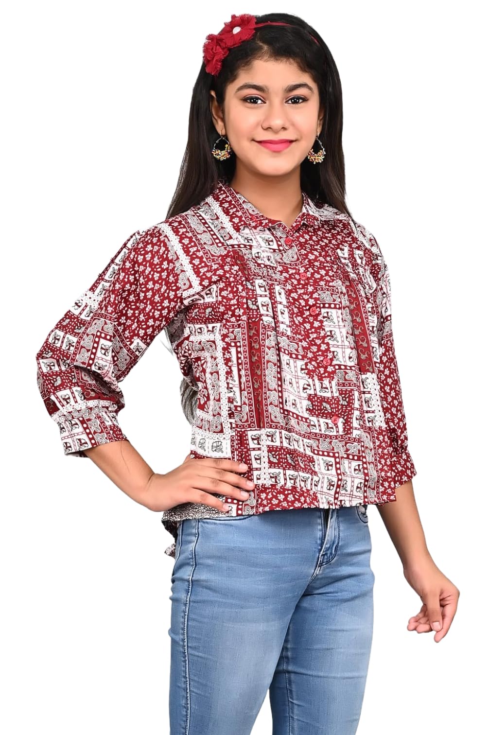 FELLAMO Girls Classic Boxy Prints Front Pleated Shirt-124-MAROON-12-13Y 1