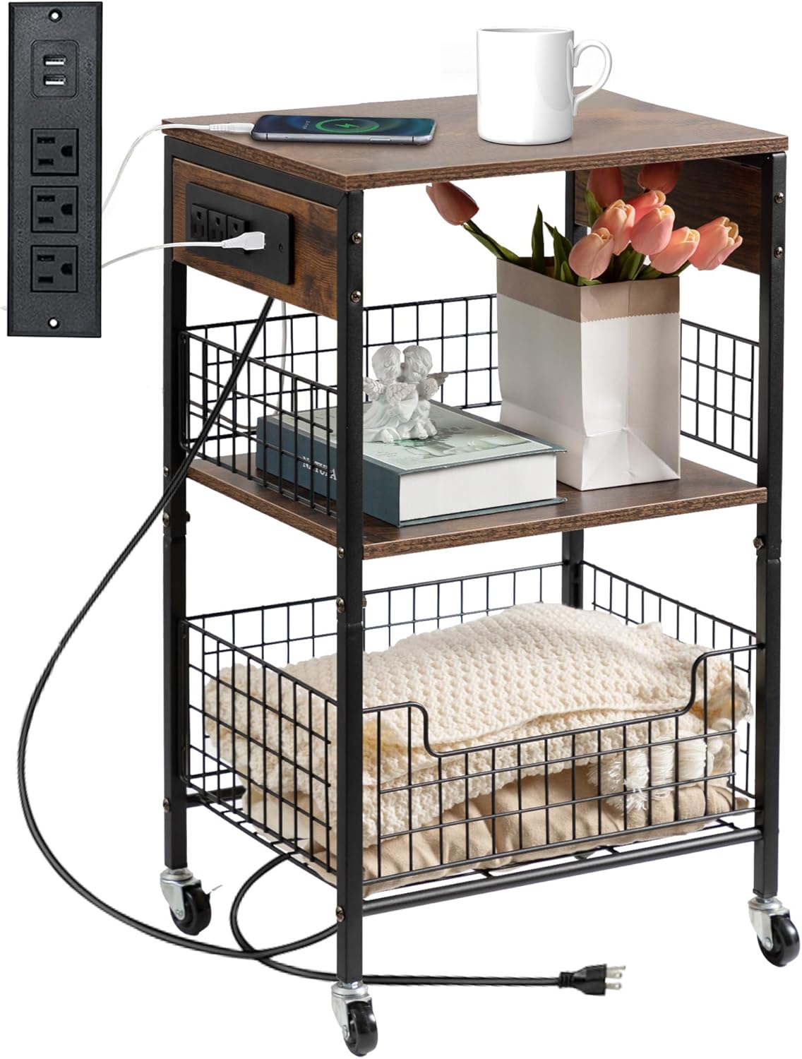 Hadulcet End Table with Charging Station, 3-Tier Rolling Side Table with Storage Basket & Wheels, Metal Side End Table for Living Room Bedroom Office, Rustic Brown