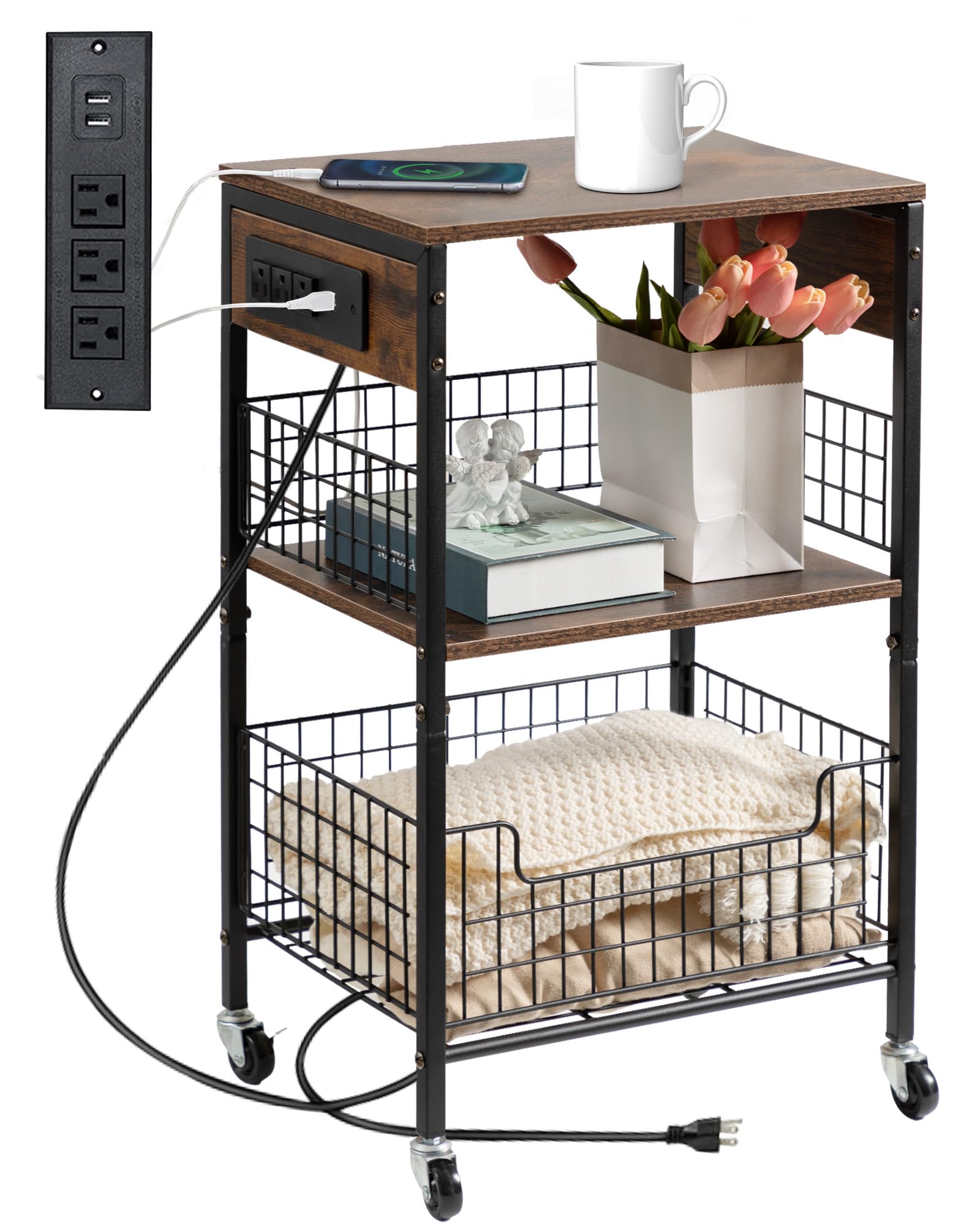 Hadulcet End Table with Charging Station, 3-Tier Rolling Side Table with Storage Basket & Wheels, Metal Side End Table for Living Room Bedroom Office,