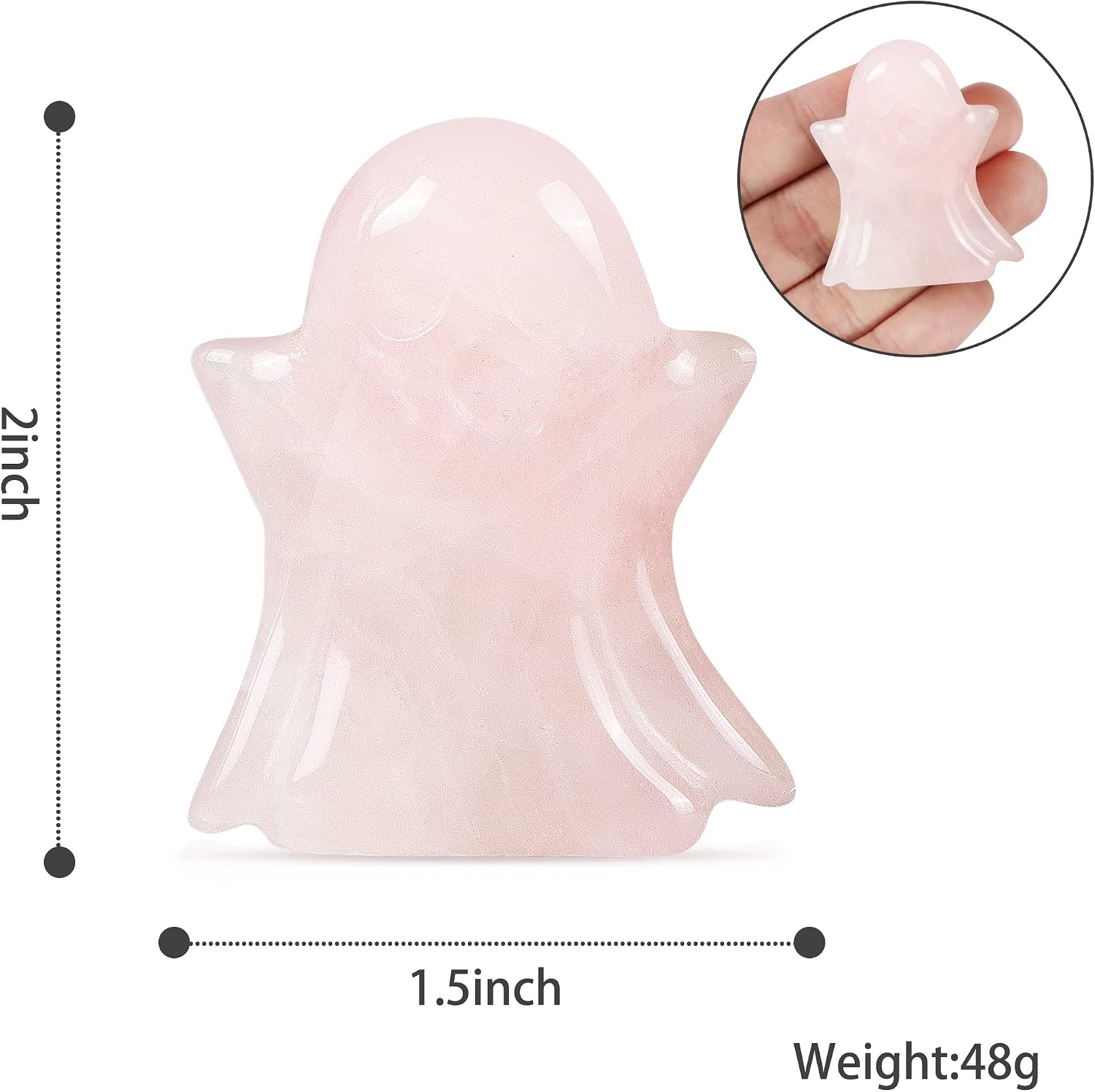 Artistone Rose Quartz Crystal Ghost Statue Hand Carved Natural Gemstone Emoji Cute Ghost Figurine Collection for Halloween Carnival Home Decor Desk Decoration image 3