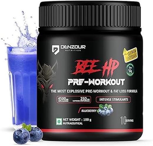 DENZOUR NUTRITION Bee-HP Pre-Workout Powder, Energy, Strength &amp; Muscle Pump, 250mg Caffeine, 750mg Creatine Monohydrate, 4...