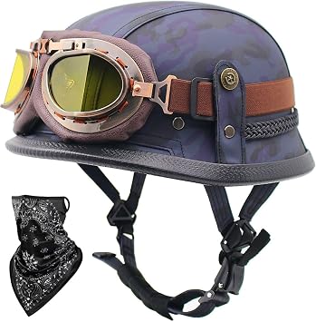 Retro Half Helmet Open Face Motorcycle Helmet Motorbike Leather Half Helmet with Goggles and Face Towel DOT/ECE Approved Adult Men Women Skull Cap Helmet Scooter Moped 9,M56-57CM