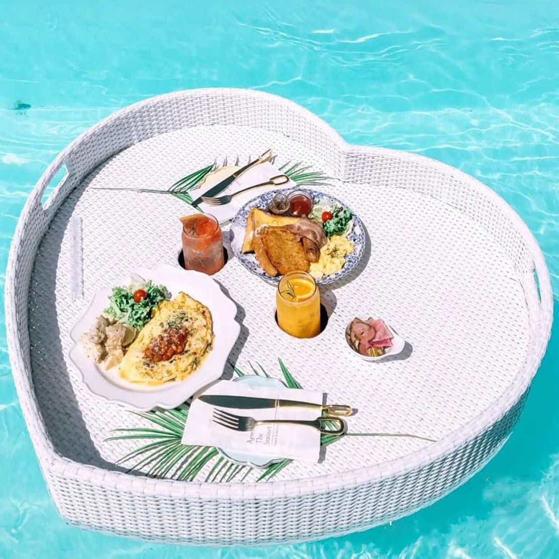 Vassoio galleggiante in rattan, per bar, spa, bagno, feste, per bevande, insalata, frutta, piscina, con manici