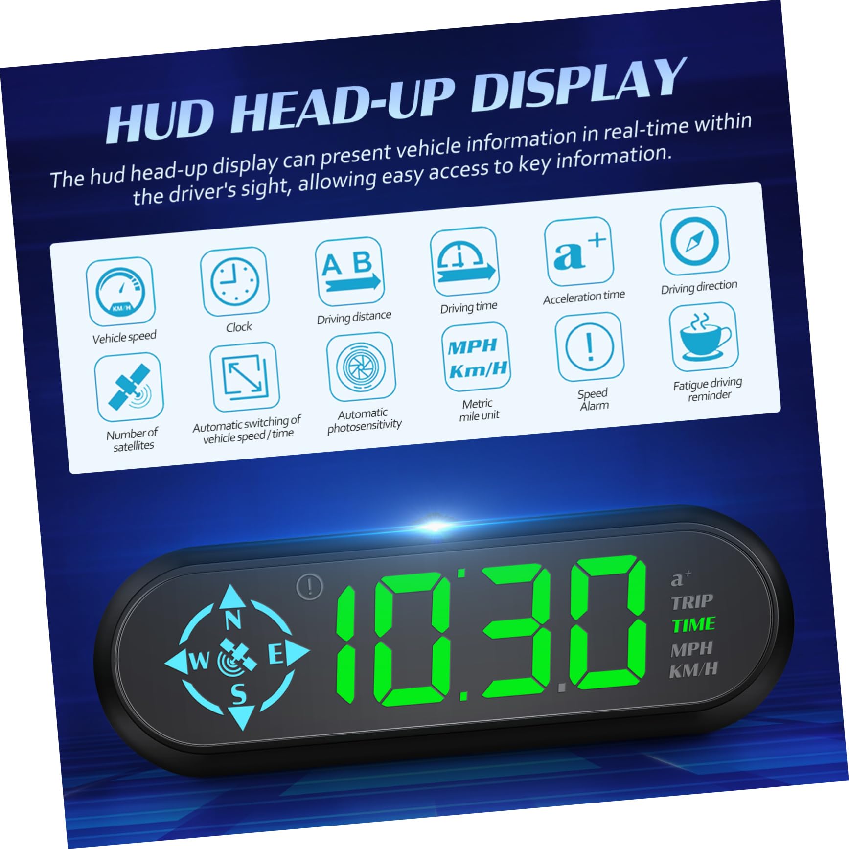 TEHAUX Digital para Coche con Velocímetro y Brújula Inteligente Pantalla Brillante para Visualización Real Aviso de de y Fácil Instalación Salpicadero o Parabrisas