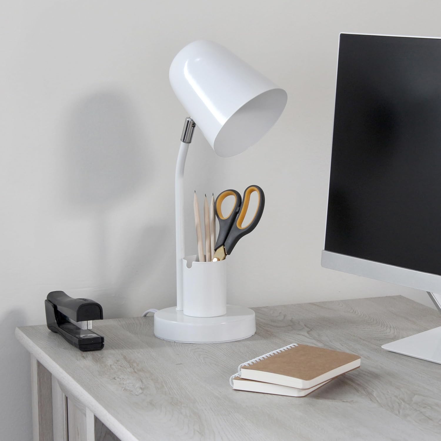 Simple Designs LT2128-WHT 15.75" Sleek Essentials Metal Table Desk Lamp, Adjustable Gooseneck, Organizational Compartment, Roffice, Dorm, Kids Room, White