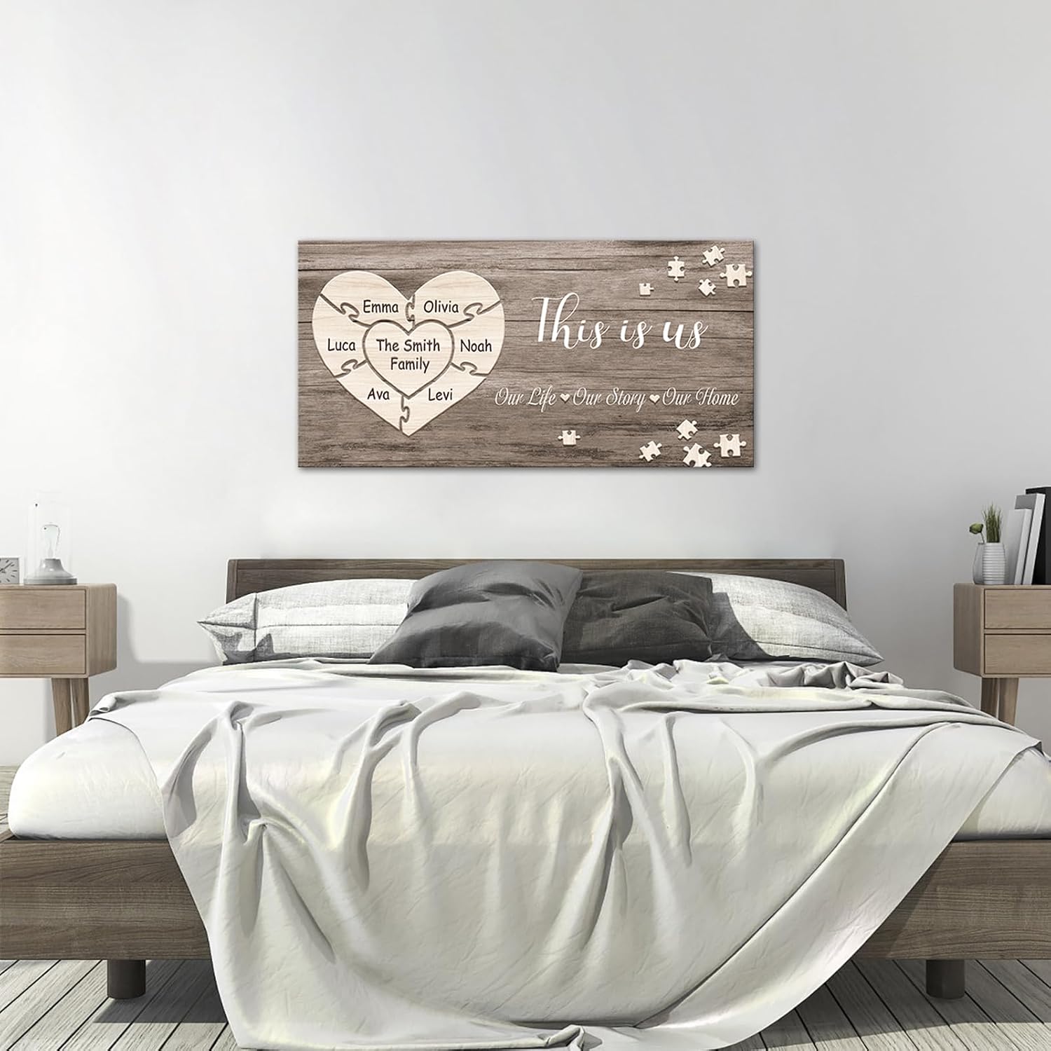 iLOOKLiKE Personalized Heart Puzzle Piece Sign with Names Wall Art Custom Family Name Canvas Painting Prints This is Us Love Quote Poster Artwork Framed Rustic Home Decor Gifts for Living Room