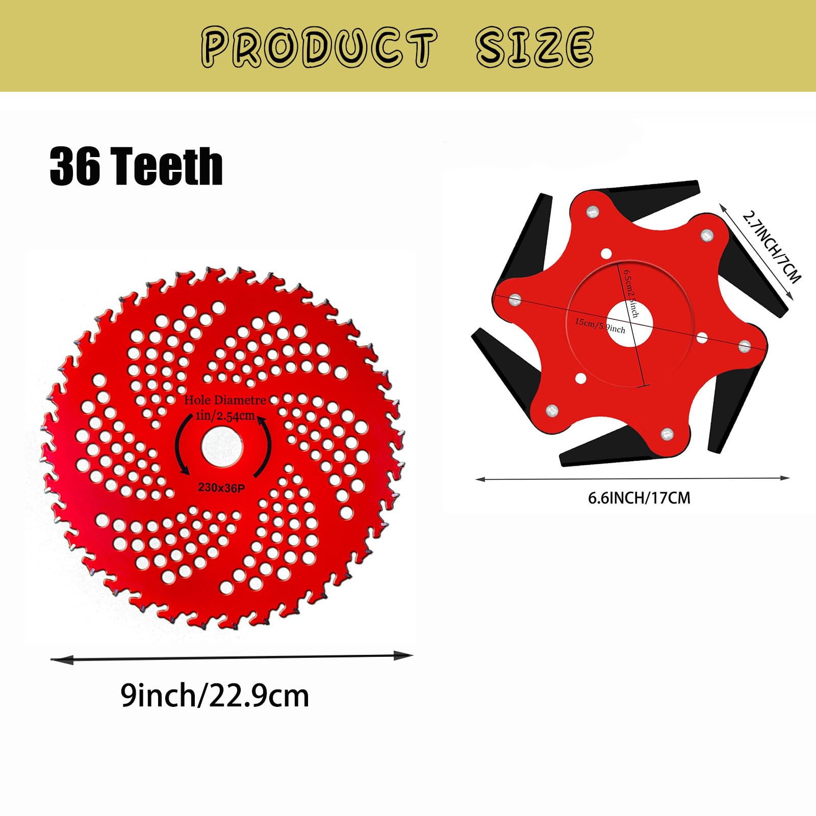 Lame con punta in carburo da 22,9 cm x 36 denti e testina in acciaio 6 in acciaio da 65 Mn, lame universali in metallo con adattatore universale per decespugliatore, mangiatore di erbacce