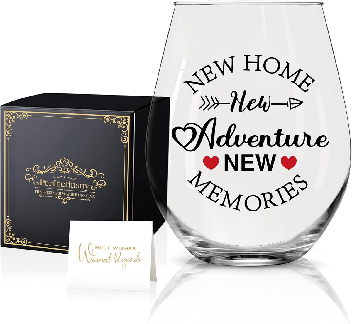 Perfectinsoy New Memories - Copa de vino divertida, 15 onzas, transparente, informal, reutilizable, regalo de inauguración de la casa para nuevos propietarios, felicitaciones por el hogar, dulce hogar, regalos de fiesta para hombres, mujeres, familiares y amigos