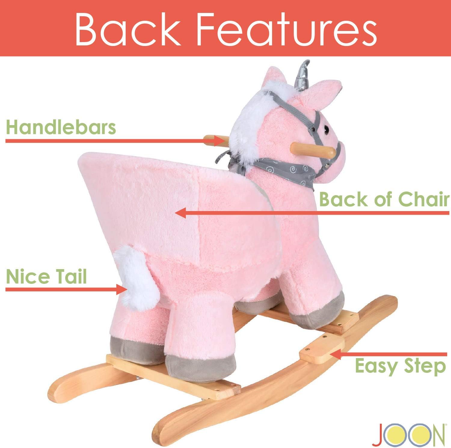 JOON Luna Rocking Horse Unicorn with a Spiral Scarf, Great For Childhood Development, Soft Materials Wooden Construction, Fun Musical Sounds, White Mane with Twisted Silver Horn, Pink-Gray [VERSION 2]