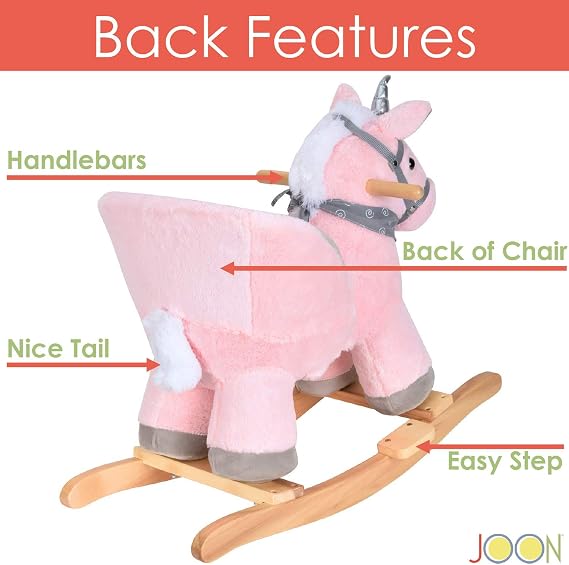 JOON Luna Rocking Horse Unicorn with a Spiral Scarf, Great For Childhood Development, Soft Materials Wooden Construction, Fun Musical Sounds, White Mane with Twisted Silver Horn, Pink-Gray [VERSION 2]