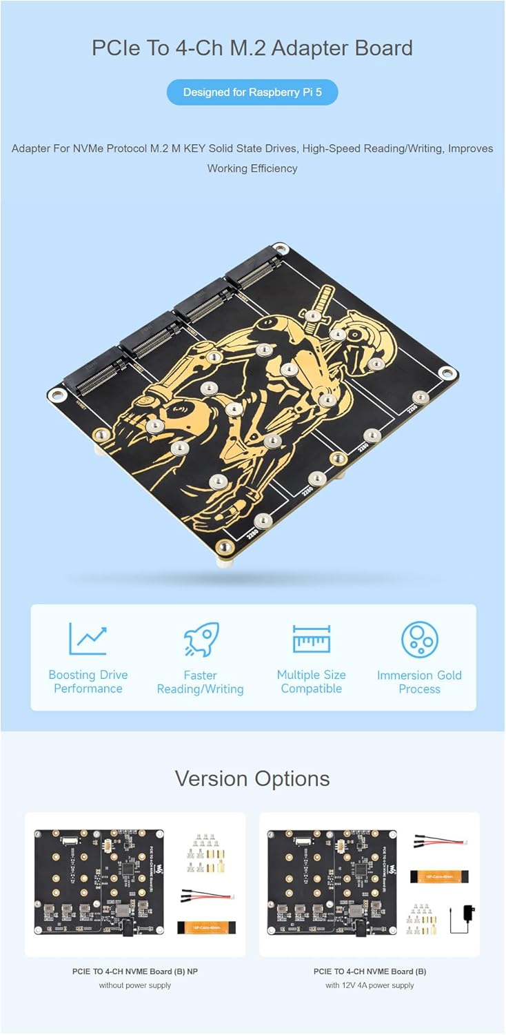 PCIe to 4-Ch NVMe M.2 Adapter Board for Raspberry Pi 5 | 4-Ch SSD Expansion | Boot Support | 7V-24V Power Input | LED Indicators