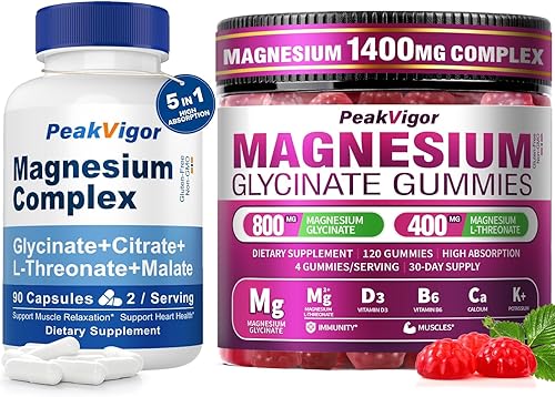Paquete de cápsulas y gomitas de complejo de magnesio 5 en 1, glicinato de magnesio de alta absorción, citrato, malato, L-treonato con vitamina B6 y