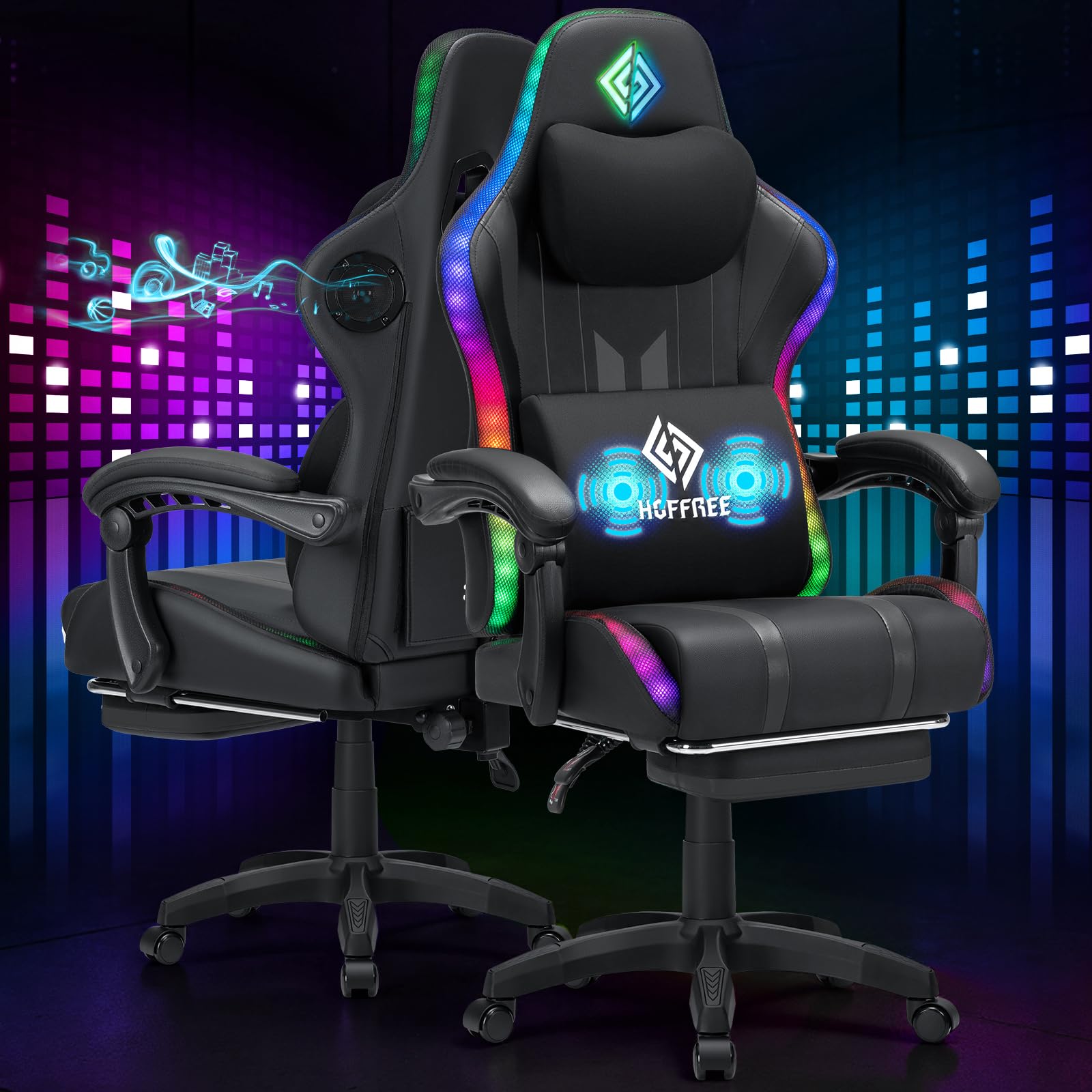 Hoffree RGB Gaming Chair with Speakers Music Rhythm LED Lights Computer Chairs-Grey