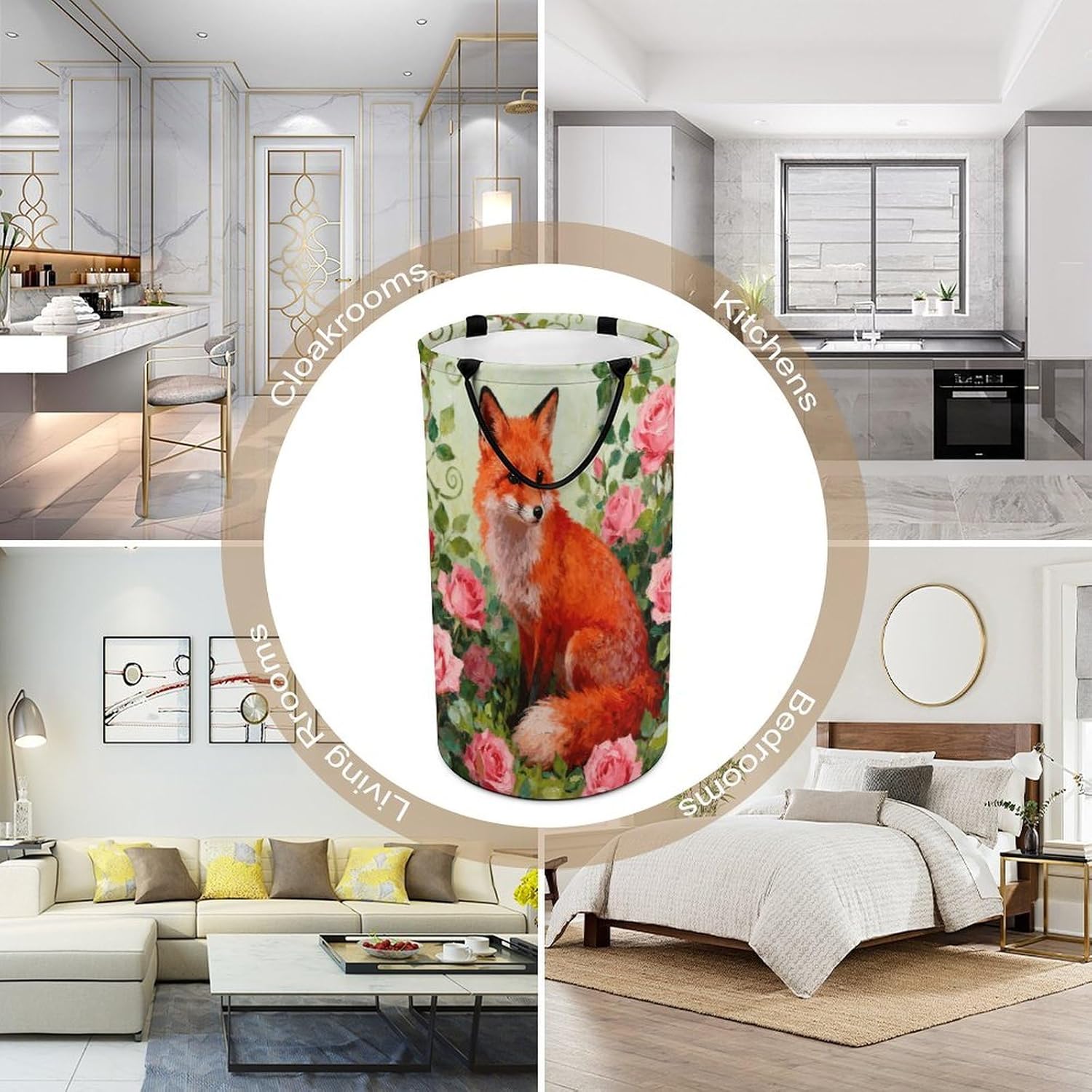 Flowers And Foxes Laundry Hamper with Handles Waterproof Collapsible Laundry Basket Large Lightweight Round Dirty Clothes Hamper for Home Dorm Bathroom Decor