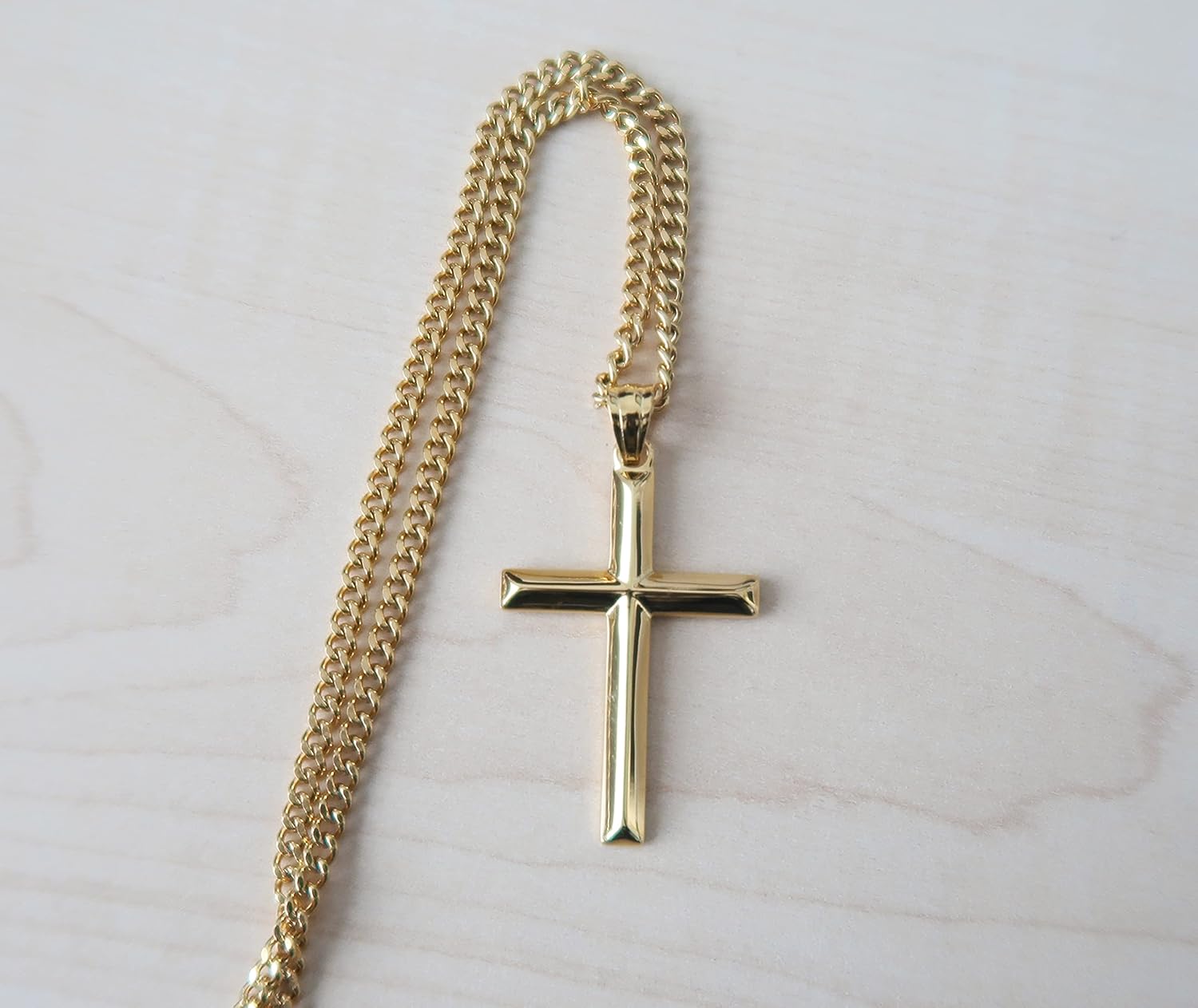 14K Gold Chain Small Cross Pendant Necklace Solid Clasp for Women, Men, Wife, Husband, Thin for Charms Miami Cuban Link Diamond Cut Religious Beveled Edge
