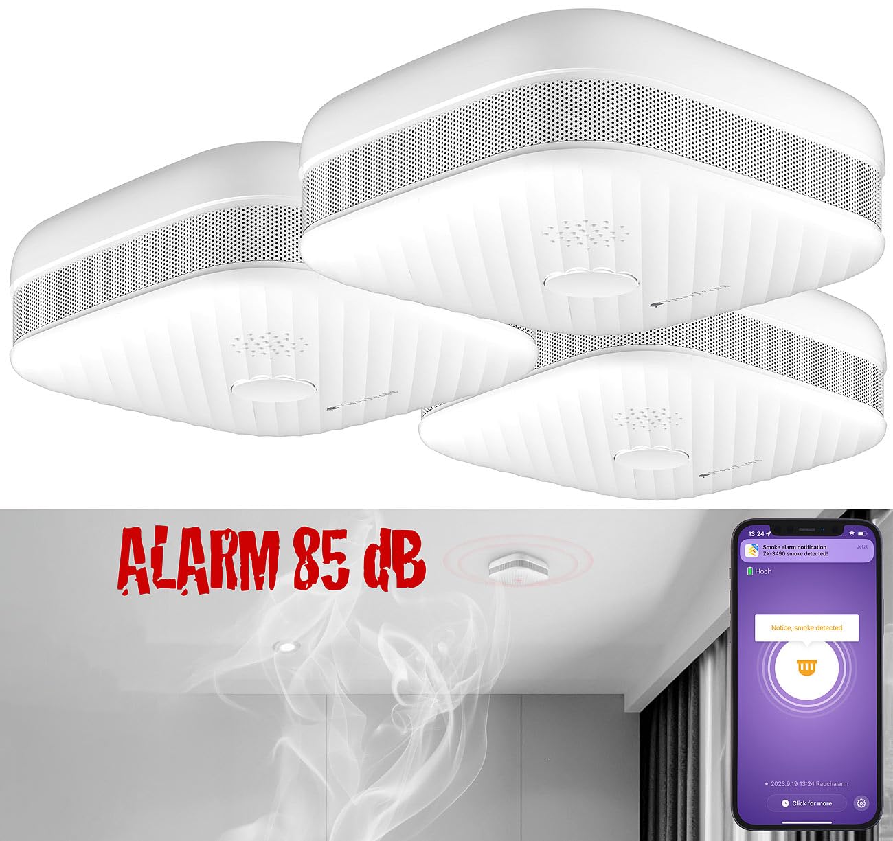VisorTech Smart Rauchmelder: 3er-Set WLAN-Rauch- & Hitzemelder mit weltweiter App-Benachrichtigung (Rauchmelder mit Benachrichtigung, mit App Steuerung, Home)