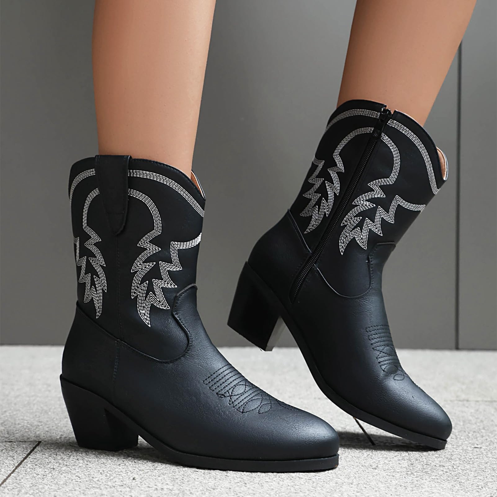 ANUFER Femmes Mi-mollet Bottes de Cow-boy Brodé Talon Bloc Fermeture éclair Latérale Chaussures Western