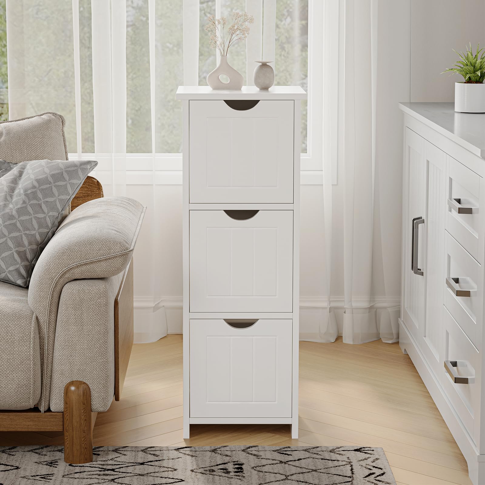 Sweetcrispy Mueble de baño Estrecho 32 x 30 x 81 cm, Moderno, Armario de baño con 3 cajones, Color Blanco Brillante, Estrecho con Gran Espacio de Almacenamiento, Mueble de baño