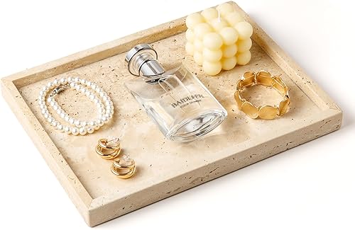 WORHE Bandeja de tocador Italia de piedra travertino natural, bandeja decorativa para perfumes, velas cosméticas, rectangular, organizador de