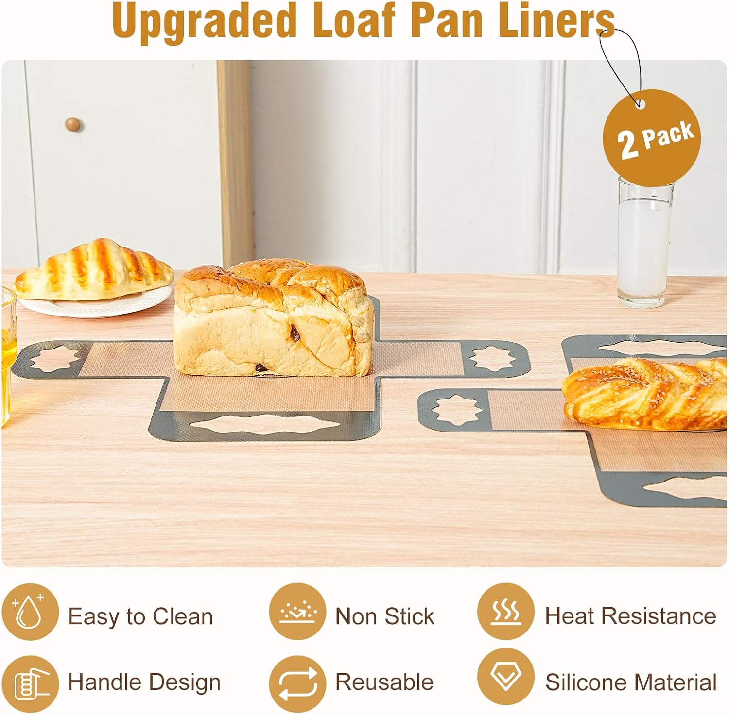 2 Pcs Reusable Silicone Bread Loaf Pan Liner, Food Grade BPA Free Bread Baking Mat, Non-Stick and Heat Resistant Dough Transfer Tool, Sourdough Sling with 4 Handles, Fits 9x5" or 1.5Lb Loaf Pans