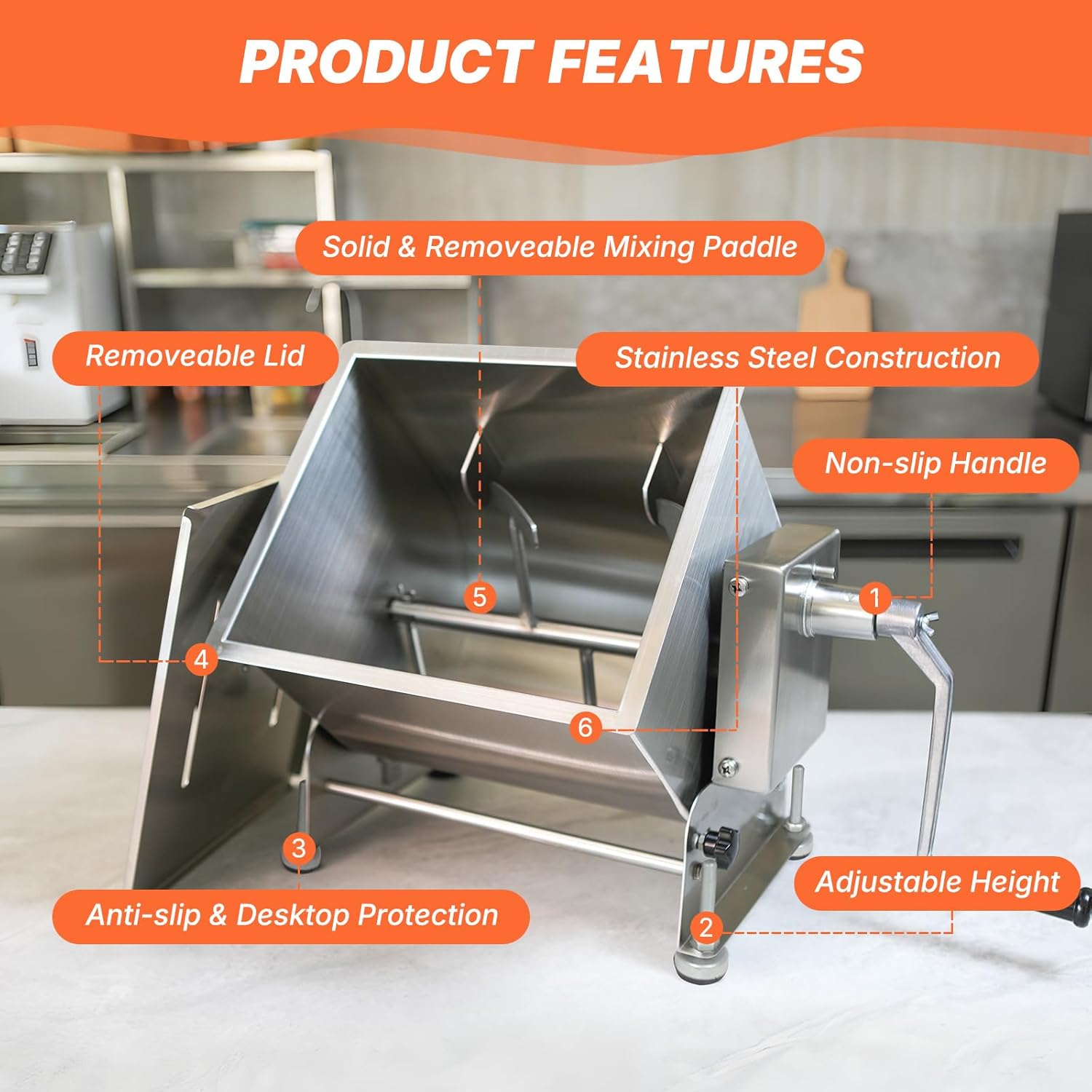 Hakka Commercial Manual Meat Mixer, Large Tilt Tank Meat Mixer Stainless Steel 50L for Sausage (Mixing Max.85lb/37.5L for Meat)