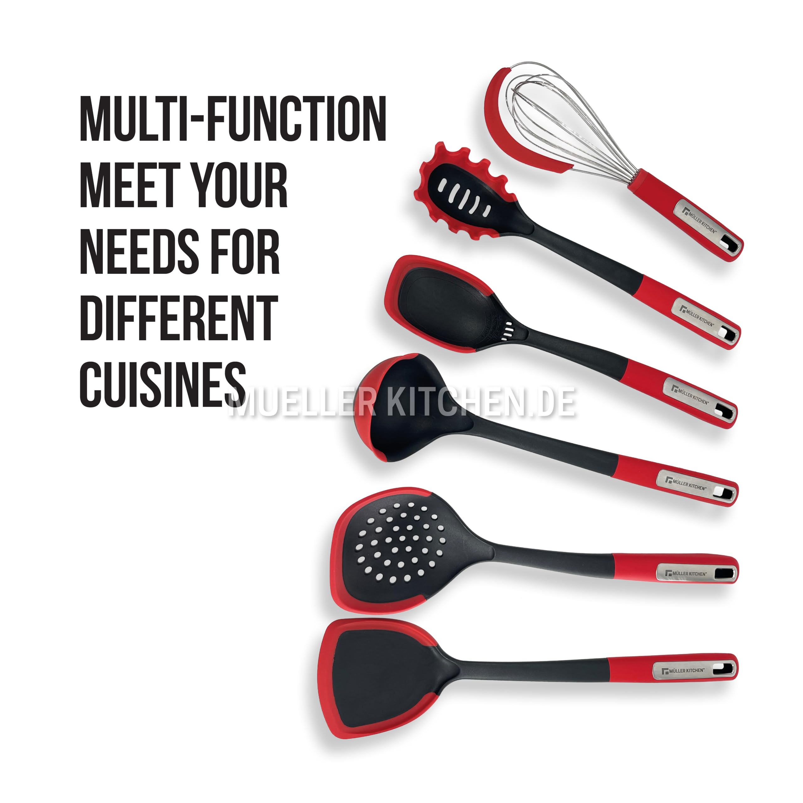 Muller Kitchen MK-1611 Kitchen Utensil Set (7-Piece with Silicone Edges, 360° Rotating Stand, Ergonomic Rubber and Stainless Steel Handles, for Nonstick Cookware)