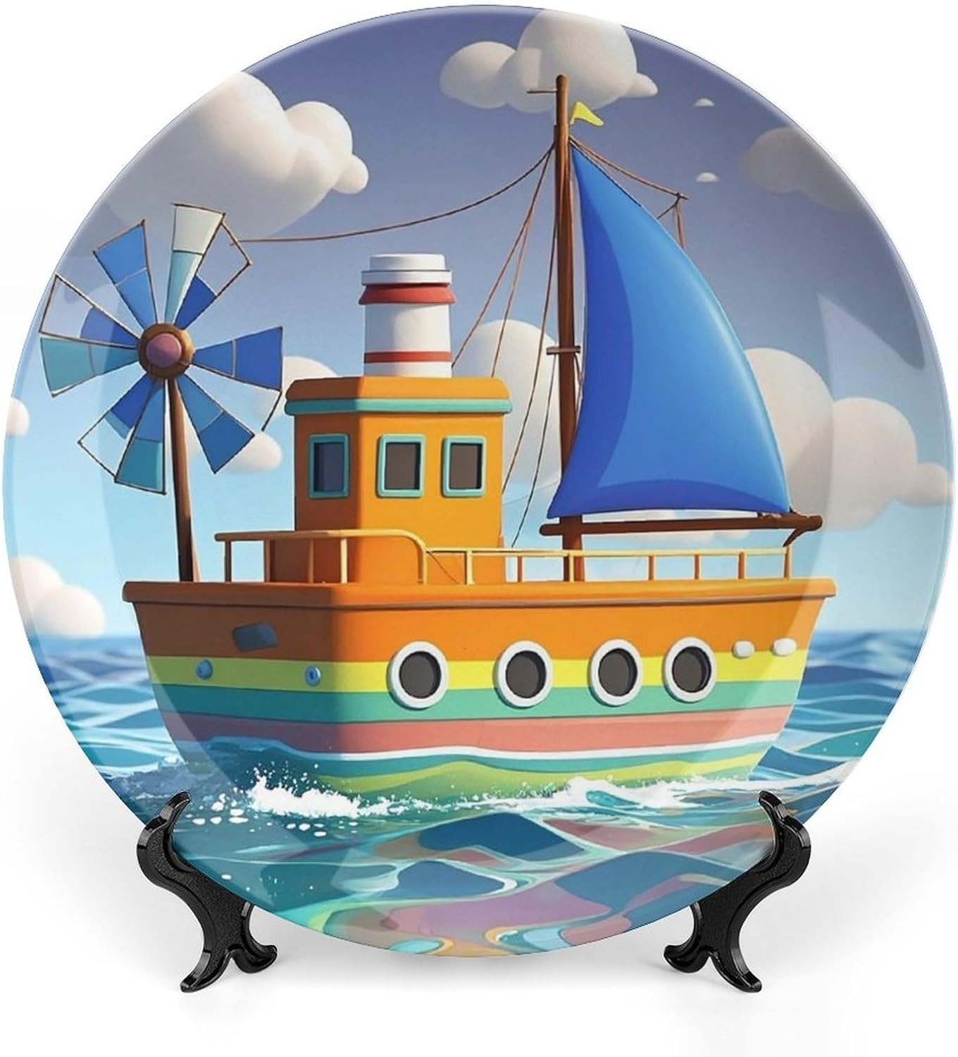 Cartoon Ship Decorative Ceramic Plate Round Porcelain Plate Decor Personalized Bone China Decorative Plates Ceramic Ornaments Dessert Plates with Display Stand 10inch