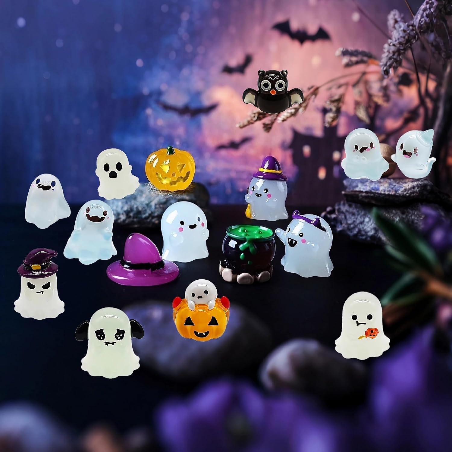 16 Pcs Luminous Mini Ghosts Figurines, Glow in The Dark Miniature Halloween Ghosts Resin Small Figurines Plastic Tiny Figures to Hide Miniature Garden Accessories
