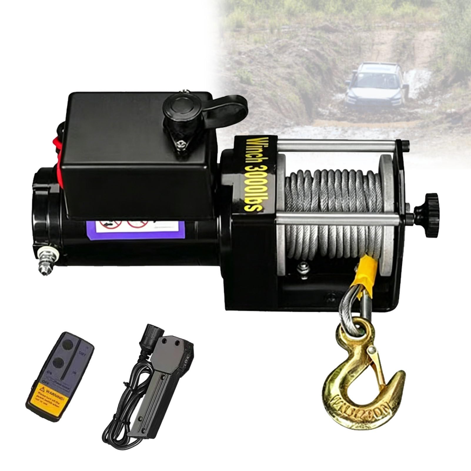 Zowdrix Electric Winch Kit, Steel Cable Recovery Winch with Wireless Remote and Wired Controller, Heavy Duty Motor for Off-Road Self-Recovery and Utility Pulling 12V-3000lbs