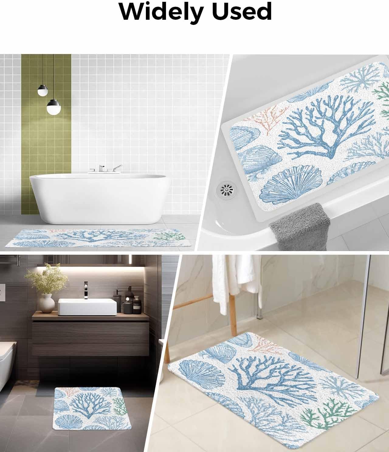 Summer Marine Life Non-Slip Bathtub Mat, Ocean Coral Simple Line Art PVC Bath Mat for Tub Quick Drying Shower Mats for Inside Shower, Foot Scrubber Loofah Bathroom Mats 36x16 Inches