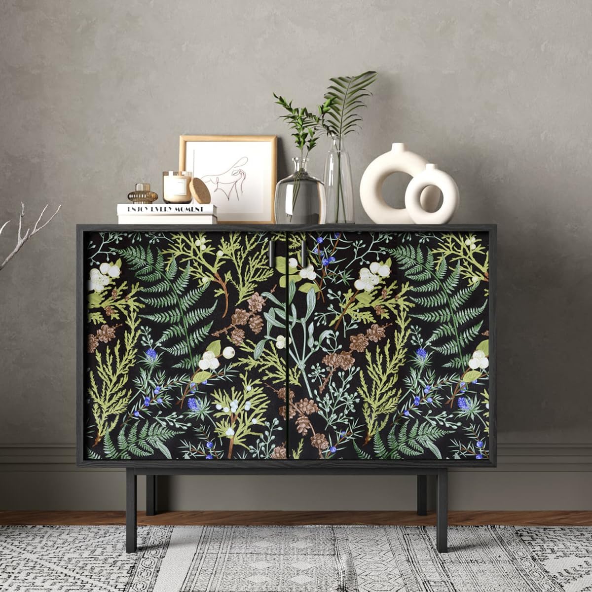Okydoky Peel and Stick Wallpaper, Black Floral Wallpaper, 17.3"x236", Boho Leaf Wall Paper, Self-Adhesive Contact Paper, Home Decor for Bathoom Kitchen Wall Cabinet, Vinyl Waterproof L93192-6(US)
