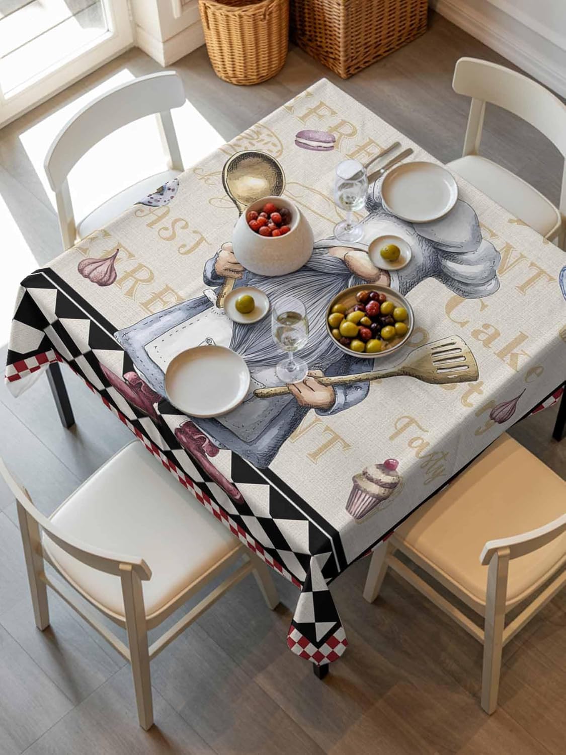 Square Tablecloth Waterproof & Stainproof Tablecloths,Chef Gnomes Washable Table Cloth Wrinkle-Free Fabric Table Cover for Dining Fat Chef Kitchen Decor and Accessories Checkered Black White Red Plaid