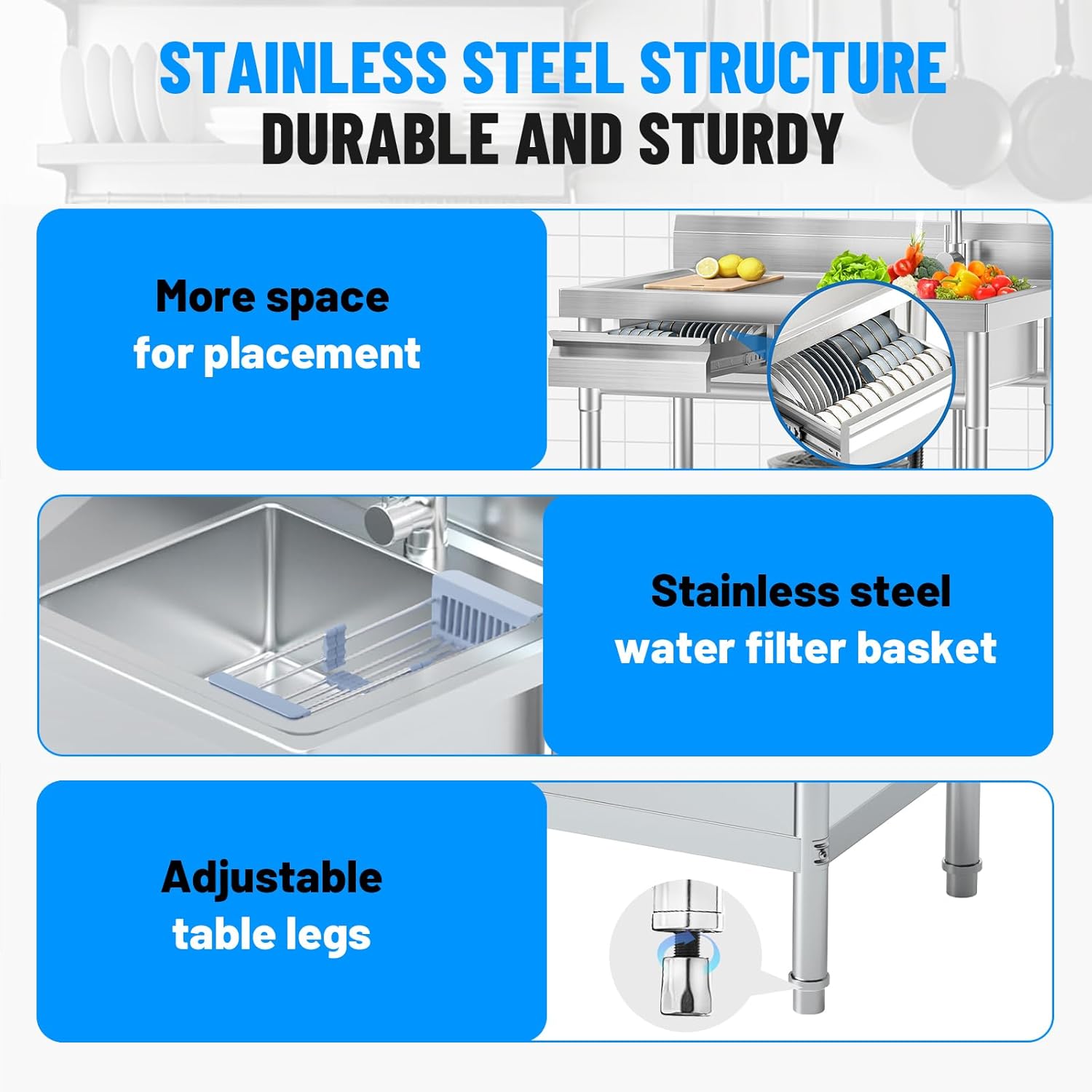 Stainless Steel Utility Sink, Commercial Kitchen Sink, 39.5'' Free Standing Single Bowl Sink with Drawer & Cold and Hot Water Pipe for Kitchen Laundry Room Farmhouse Indoor and Outdoor