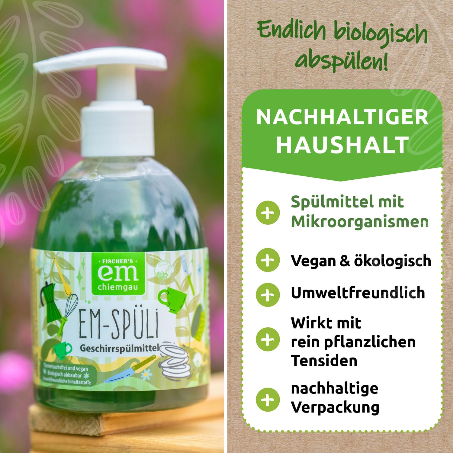 EM-Chiemgau Bio Geschirrspülmittel EM-Spüli [mit Effektive Mikroorganismen] sehr ergiebig, extrem Hohe Schmutz- und Fettlösekraft, pflanzliche Waschrohstoffe, Bio Rohstoffe, hautfreundlich - 5 L