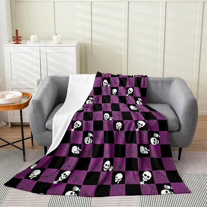 Feelyou Purple Sugar Skull Fuzzy Blanket Kids Skeleton Flannel Fleece Throw Blanket Spider Web All Season Blanket for Bed for Women Men Room Decor Halloween Themed Plush Blanket, 40