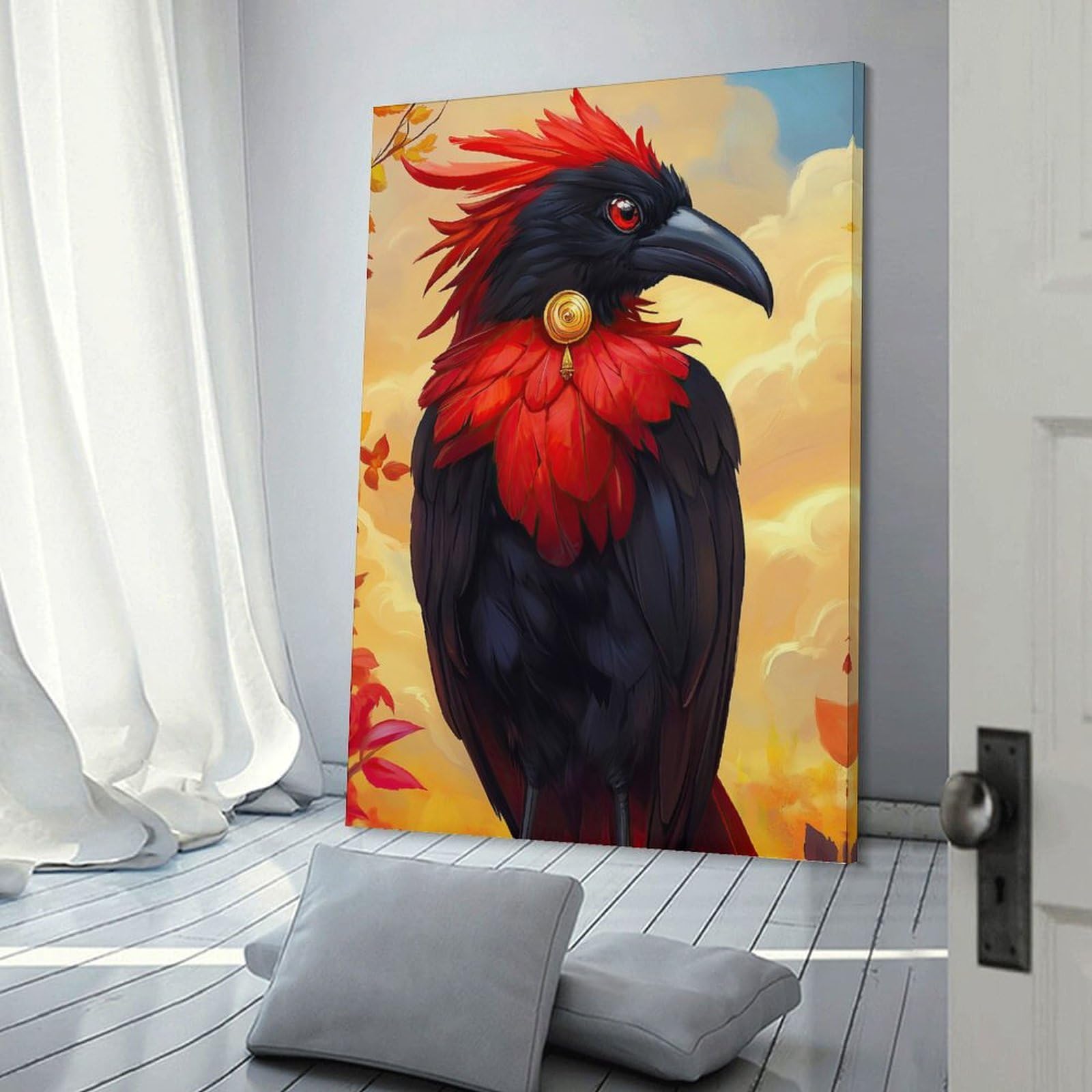 Junmoney Canvas Wall Art Red-Crested Raven, 24x36inch(60x90cm), for Corridors, Hallways Or Apartment Entries, Decorative Canvas Styling for Entry Areas