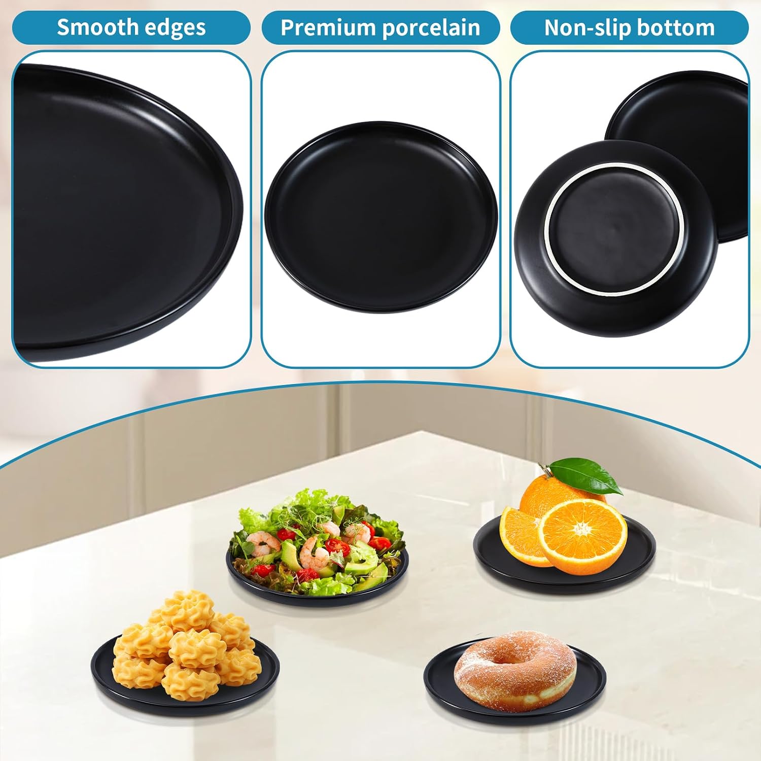 4 Pcs Ceramic Appetizer Plates, 6 Inch, Matte Black