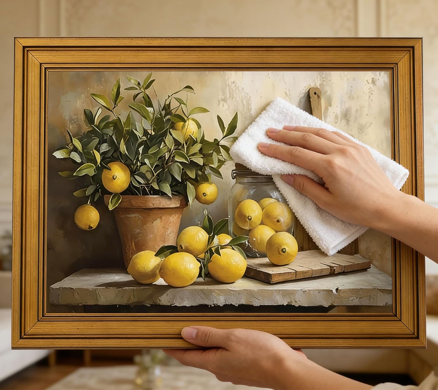 Vintage Gold Framed Canvas Wall Art, Country Kitchen Painting Picture Wall Decor, Lemon Kitchen Poster Print Artwork for Living Room Bedroom Kitchen Home Decoration 12x16in
