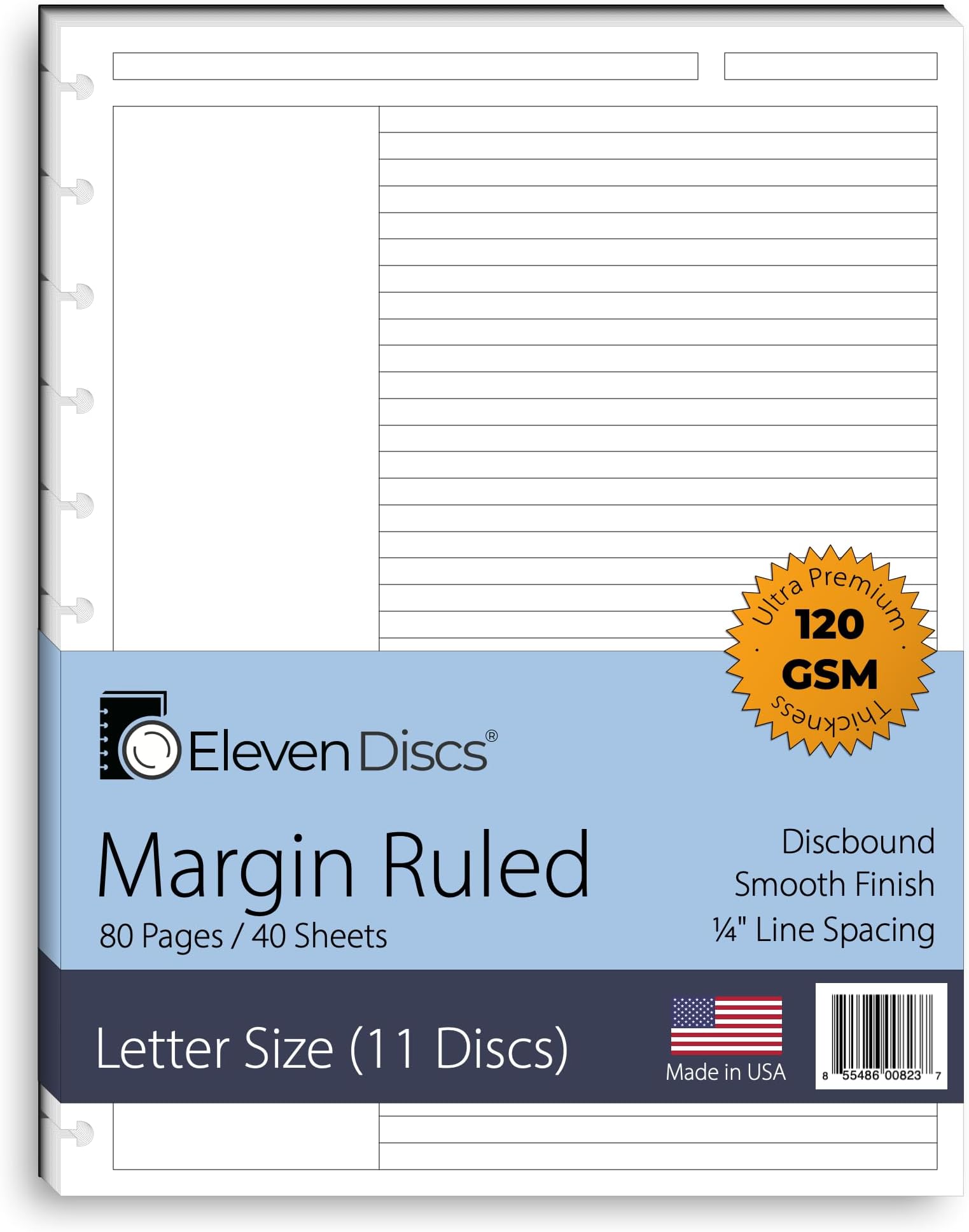 Discbound Paper, Letter Size Margin Ruled Sheets - Premium 120gsm Heavyweight Notebook & Planner Refills - 11 Discs, 8.5 x 11 in - Punched for Circa, Arc, TUL (40 Sheets)