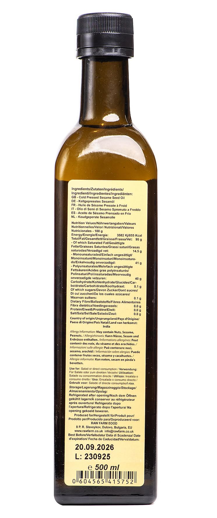 Raw Farm – Huile de sésame 500 ml – Pressée à froid et non raffinée – Idéale pour salades, vinaigrettes ou soins de la peau – Végan