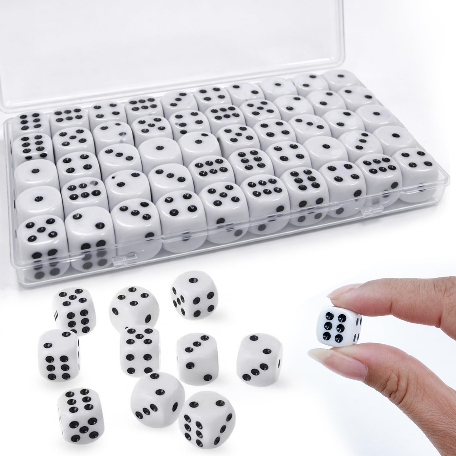 Set di 100 Dadi da Gioco 14mm, Dadi a 6 Facce Standard D6 in Acrilico, Ideale per Giochi da Tavolo e Didattica Matematica, Include 2 Scatole Contenitore Trasparenti (Bianco)