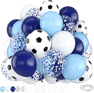 Soccer Balloons,12 Inch Blue and White Soccer Balloon with Confetti Balloons for Boy Soccer Birthday Sport Party Decorations