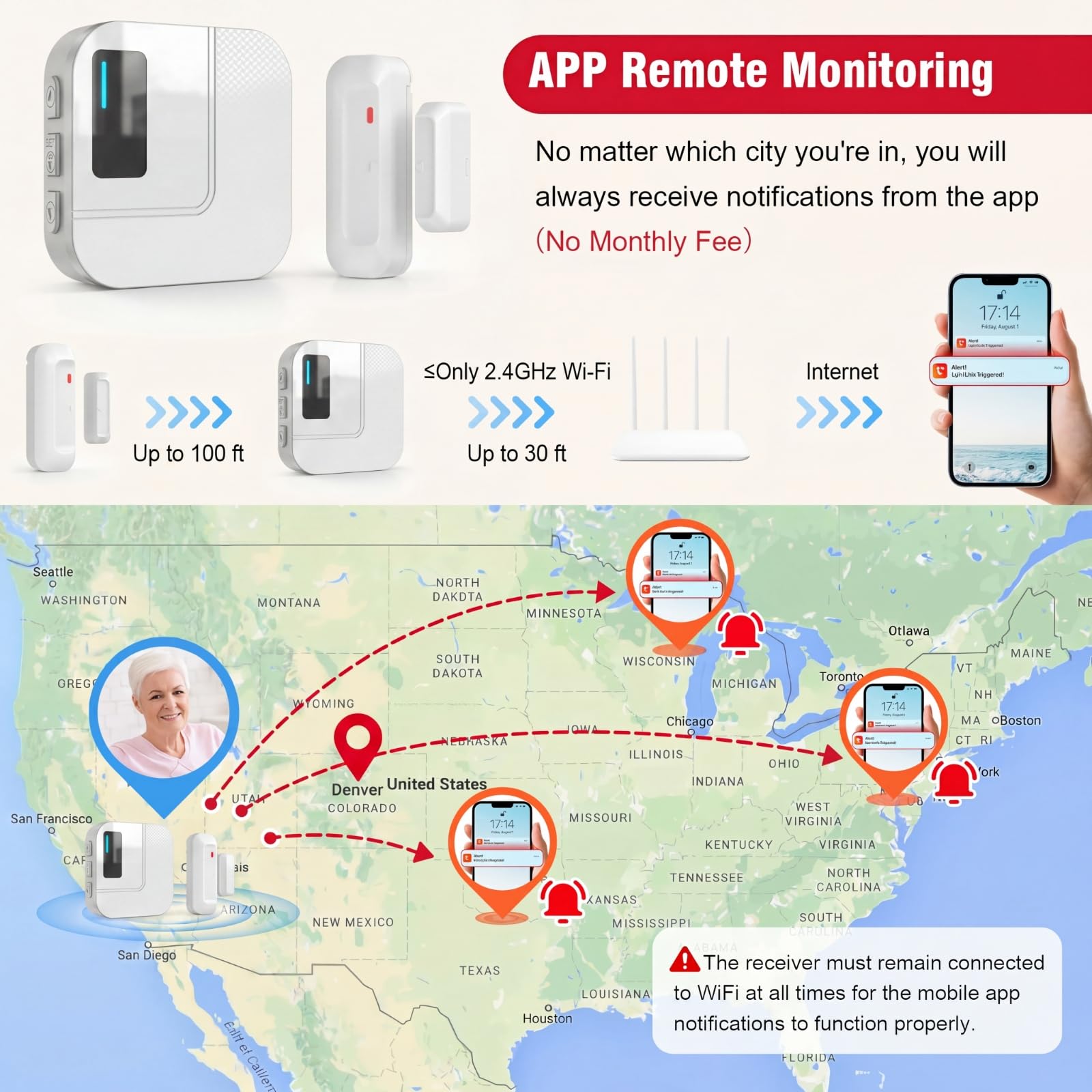 Sanjie Sensor de alarma de puerta, timbre de alarma de apertura de puerta WiFi al entrar para negocios, hogar, tienda, oficina, alerta de tu teléfono, alarmas para seguridad de niños, rango de 500