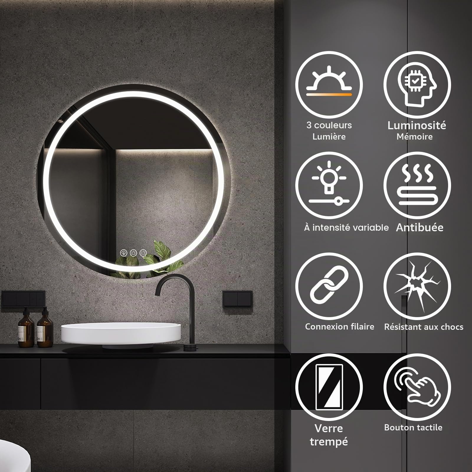 Miroir LED Rond Salle de Bain 70cm, Anti-buée, 3 Lumières Réglables