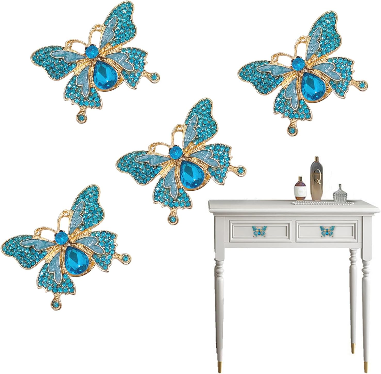 4 pcs Butterfly Handle Creative Cabinet Drawer Wardrobe Dresser Zinc Alloy Knob Furniture Door Single Hole Handle Door Handle (Blue Rhinestones)