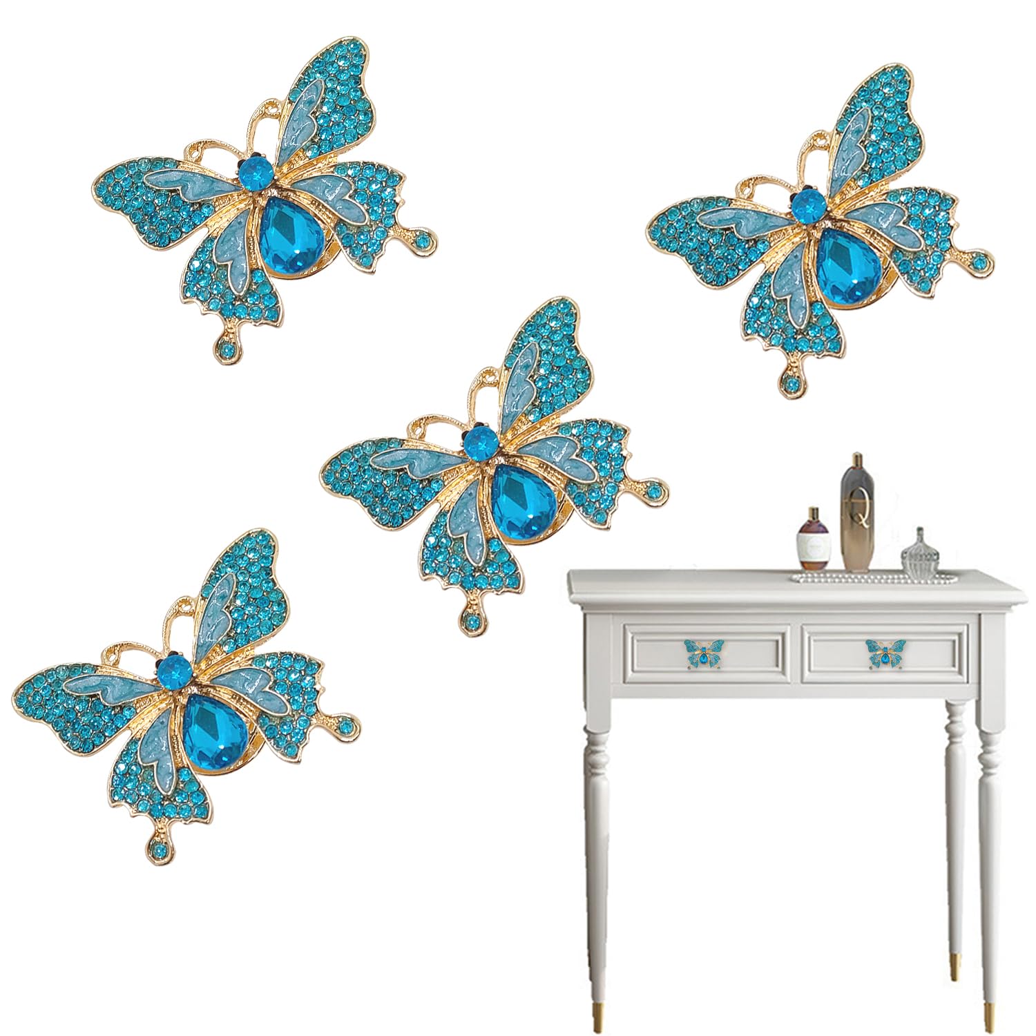 LLDYNW 4 pcs Butterfly Handle Creative Cabinet Drawer Wardrobe Dresser Zinc Alloy Knob Furniture Door Single Hole Handle Door Handle (Blue Rhinestones