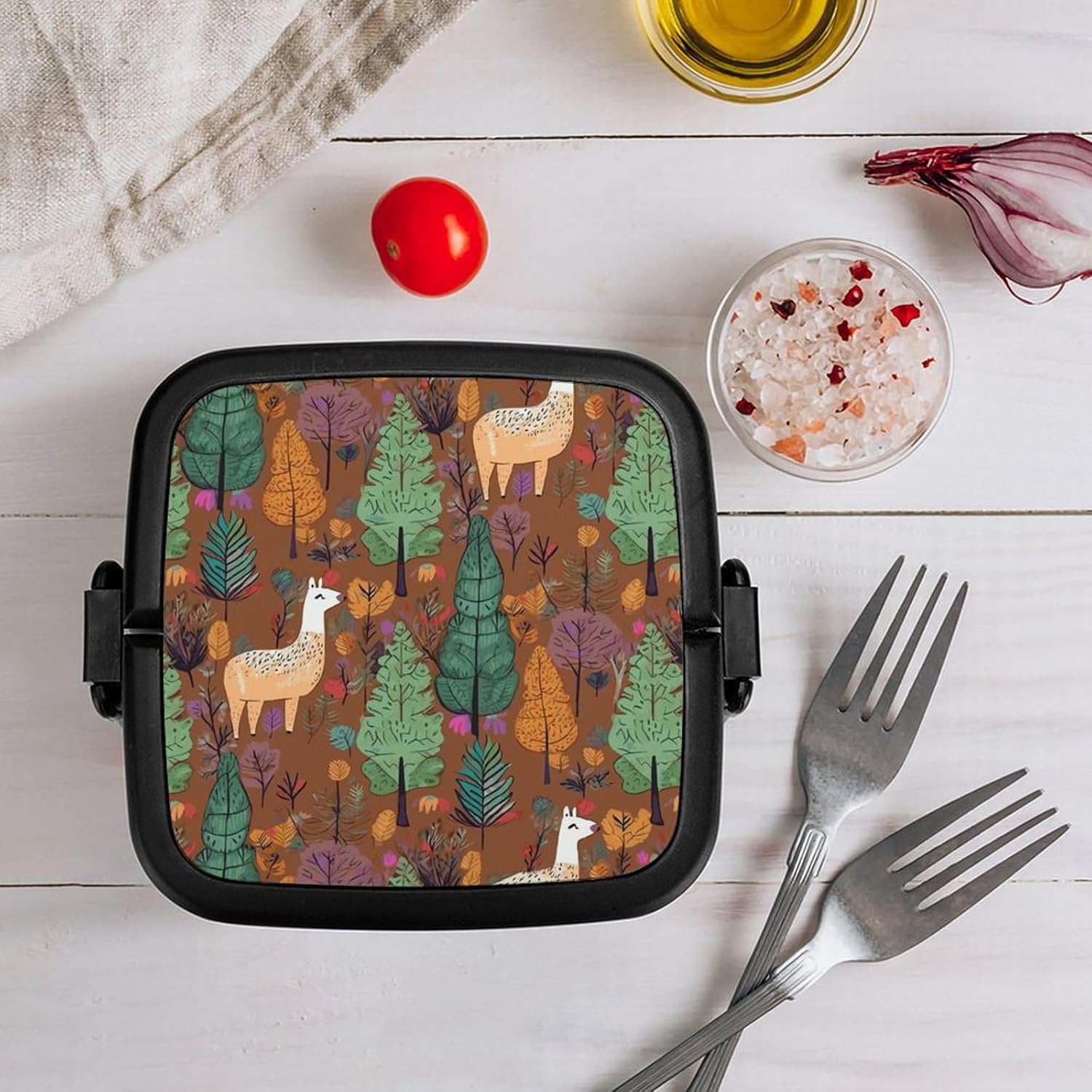 Bento Box with Spoon And Handle Alpaca in The Forest Printed Stackable Bento Box Portable Bento Lunch Box Container for Work Camping And Travel