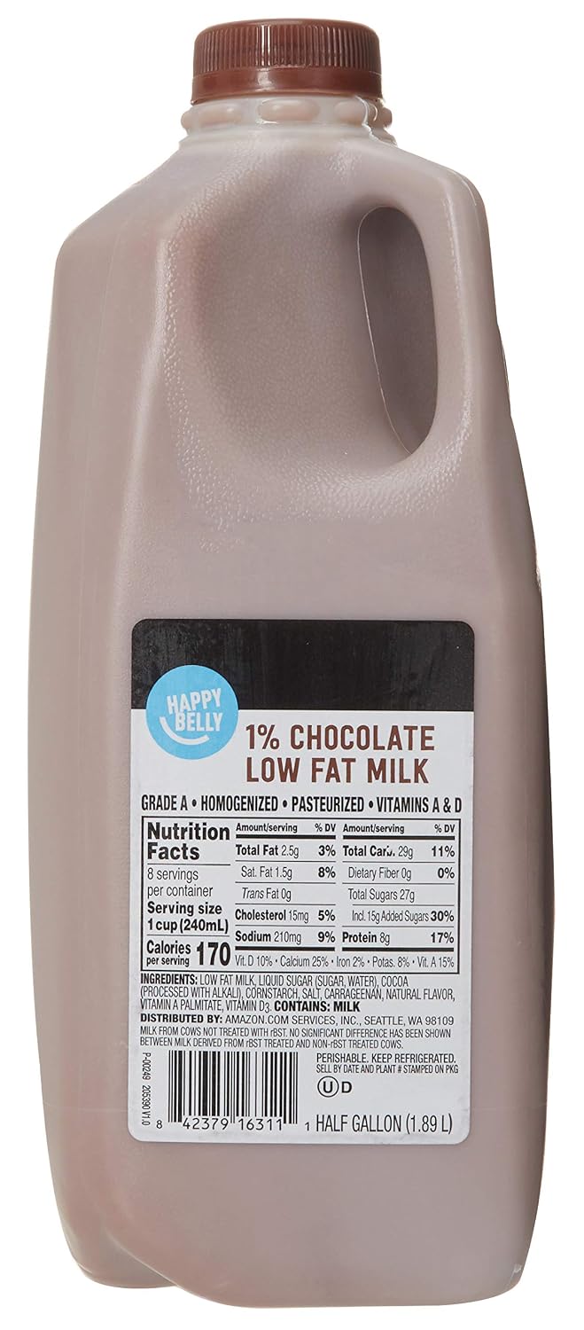 Happy Belly 1% Low Fat Chocolate Milk, Half Gallon, 64 Ounces.